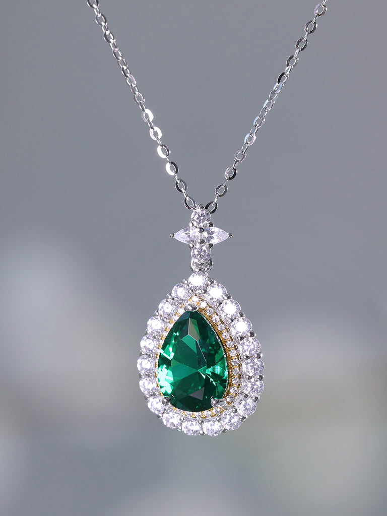 Raneecoco Full Cubic Zirconia Pear Cut Simulated Emerald Pendant Necklace