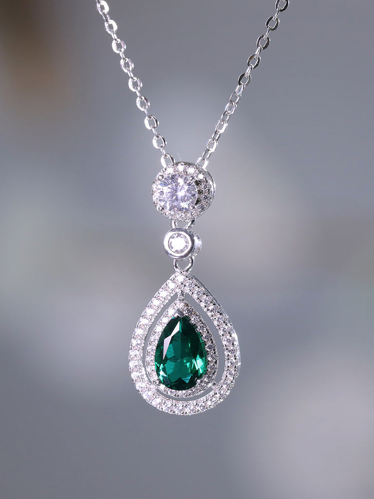 Raneecoco Classic Pear Cut Simulated Emerald  Cubic Zirconia Pendant Necklace
