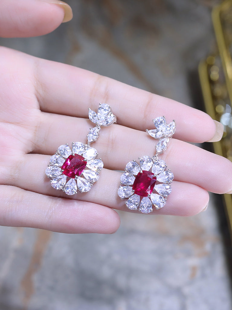 Raneecoco Luxury Fashion  Flower Simulated  Ruby  Cubic Zirconia Earrings