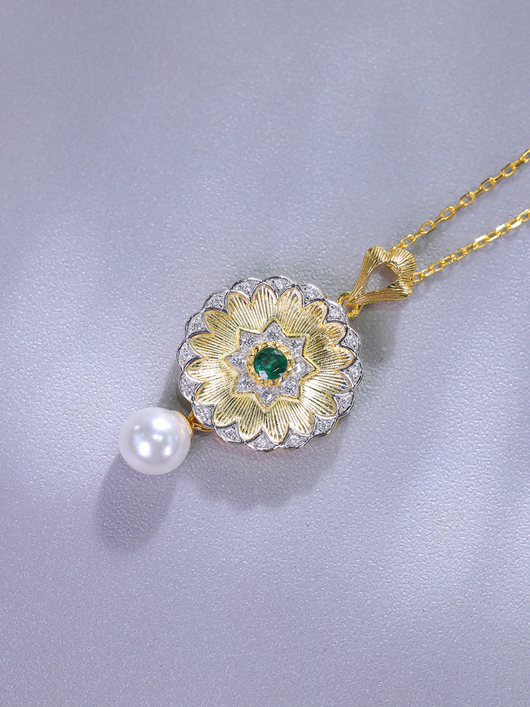 Raneecoco Vintage Palace Buchelati Simulated Emerald Pearl Pendant Necklace