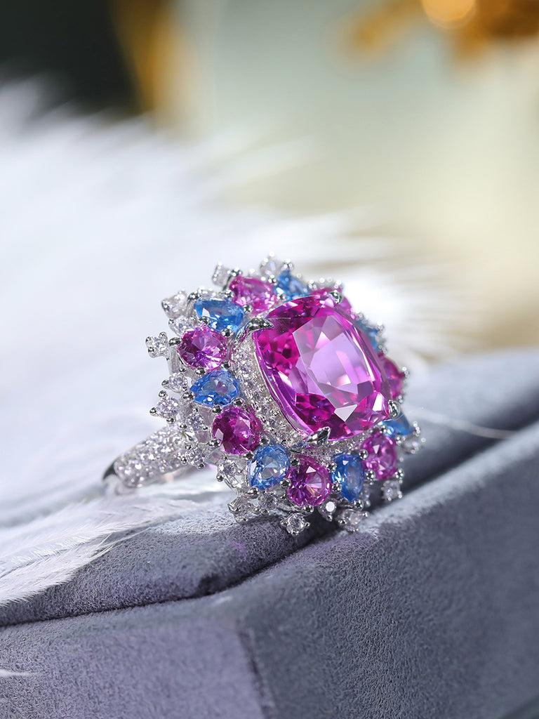 Raneecoco Luxury Vintage Oil Painting Multi Cut Pink and Blue Cubic Zirconia  Ring