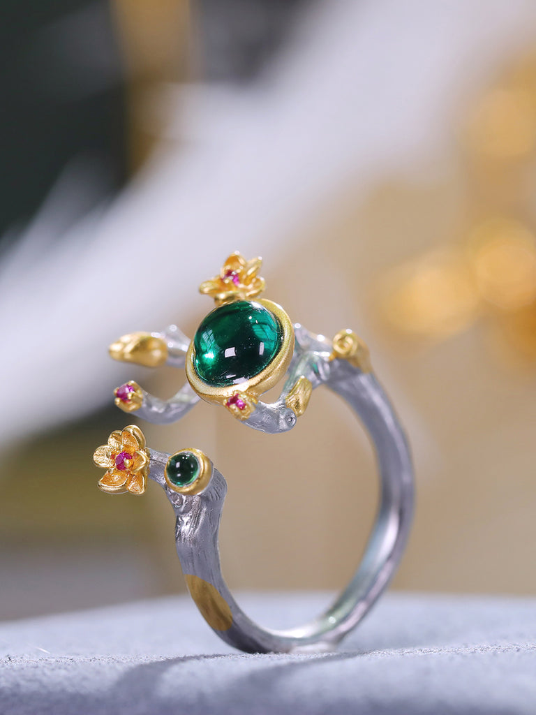 Raneecoco Plum Oval Cut Simulated Emerald Adjustable Ring
