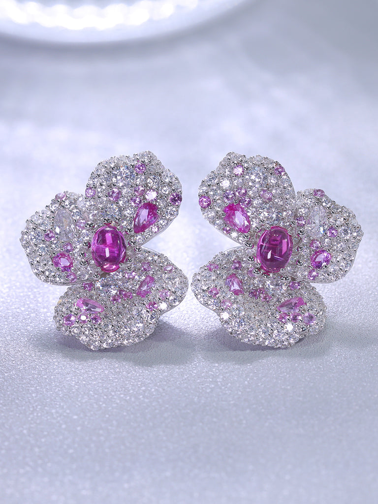 Raneecoco High Luxury Elegant Three petal Floral Pink Cubic Zirconia  Earrings